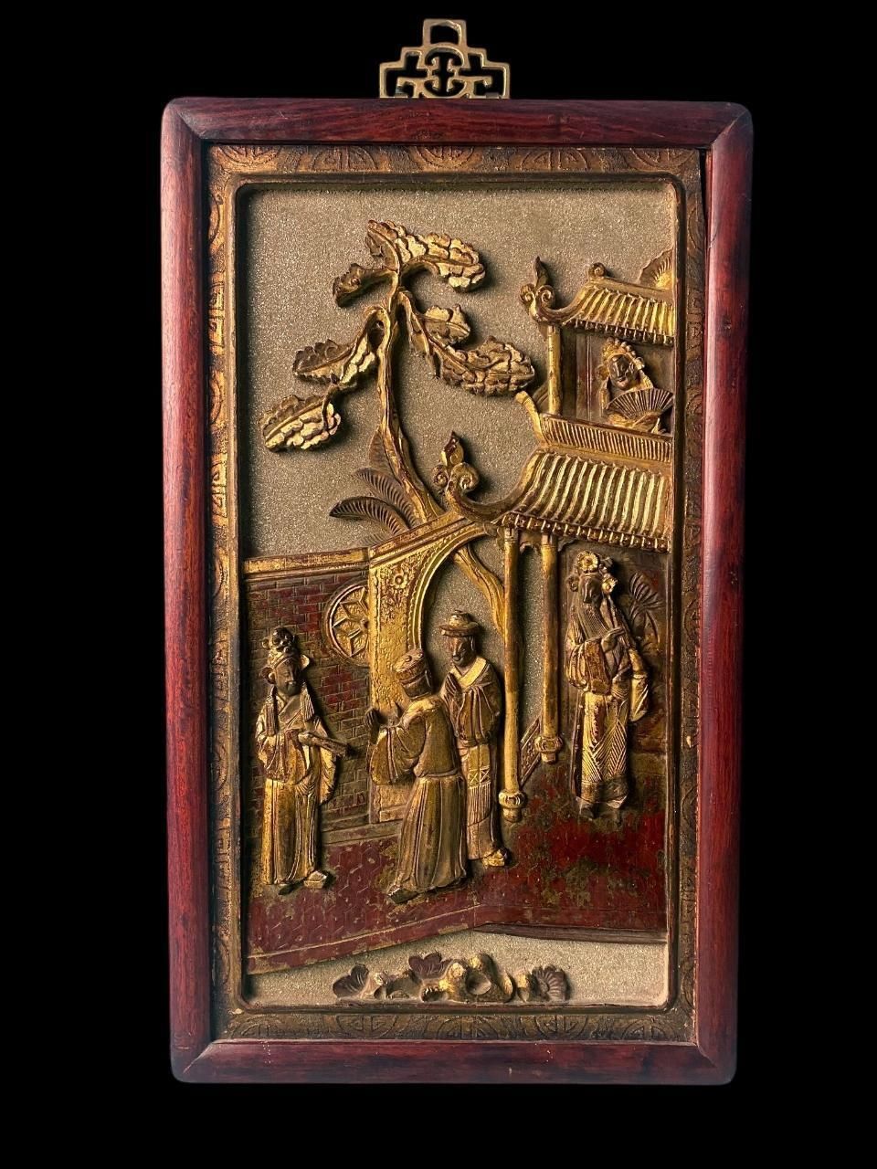 Qing Dynasty Exquisite Chinese Wooden Panel With Raised Figures And Gold Leaf photo for sale