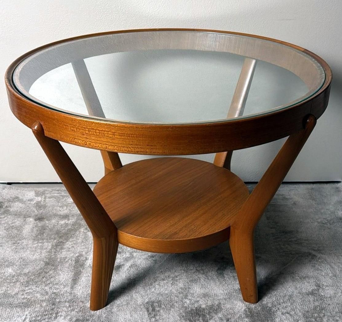Halabala Style Czechoslovak Round Wooden And Glass Coffee Table photo for sale
