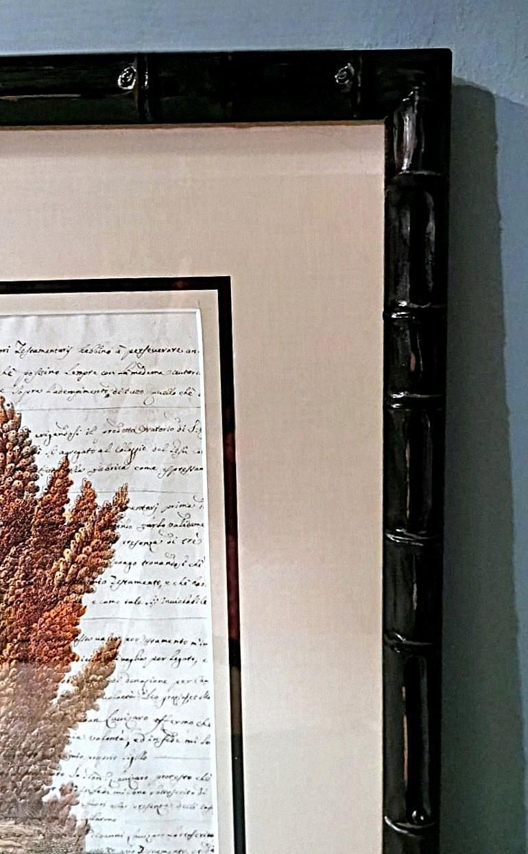 photo for sale Pair “Faux Bamboo” Frames With Old Italian Shell Prints With Overwritten Text.