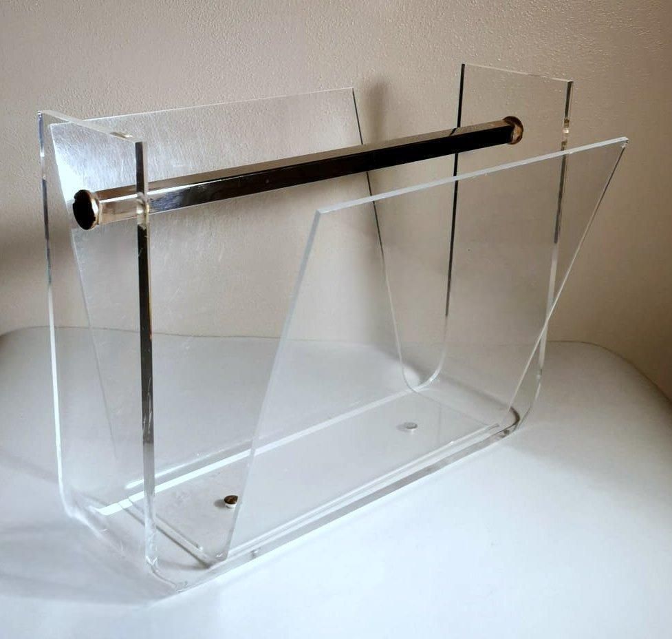Space Age Style Italian Clear Plexiglass Magazine Rack photo vintage