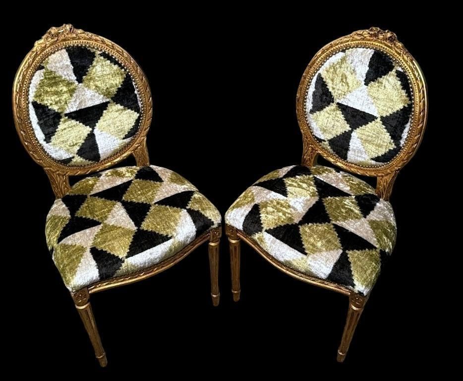 Pair Of Louis XVI Style Wooden Chairs Gold Leaf Finish And Ikat Silk Velvet photo 2703.0