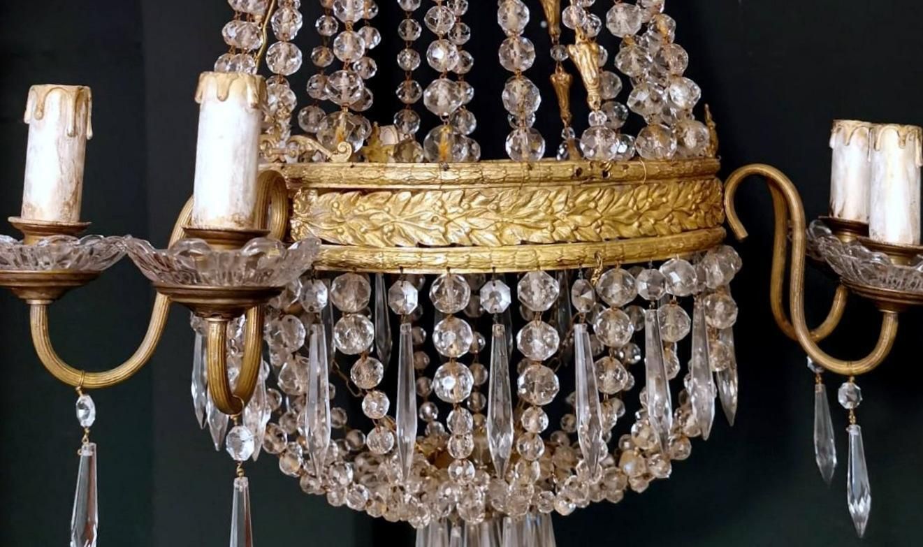 Louis XVI Style Hot Air Balloon Chandelier Lead Crystal And Gilded Brass photo vintage
