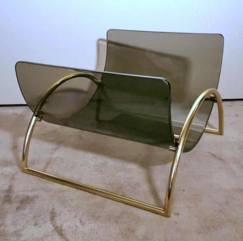 Italian Gallotti & Radice Attributed Smoked Crystal And Brass Magazine Rack photo vintage