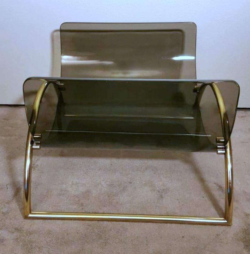 photo furniture Italian Gallotti & Radice Attributed Smoked Crystal And Brass Magazine Rack