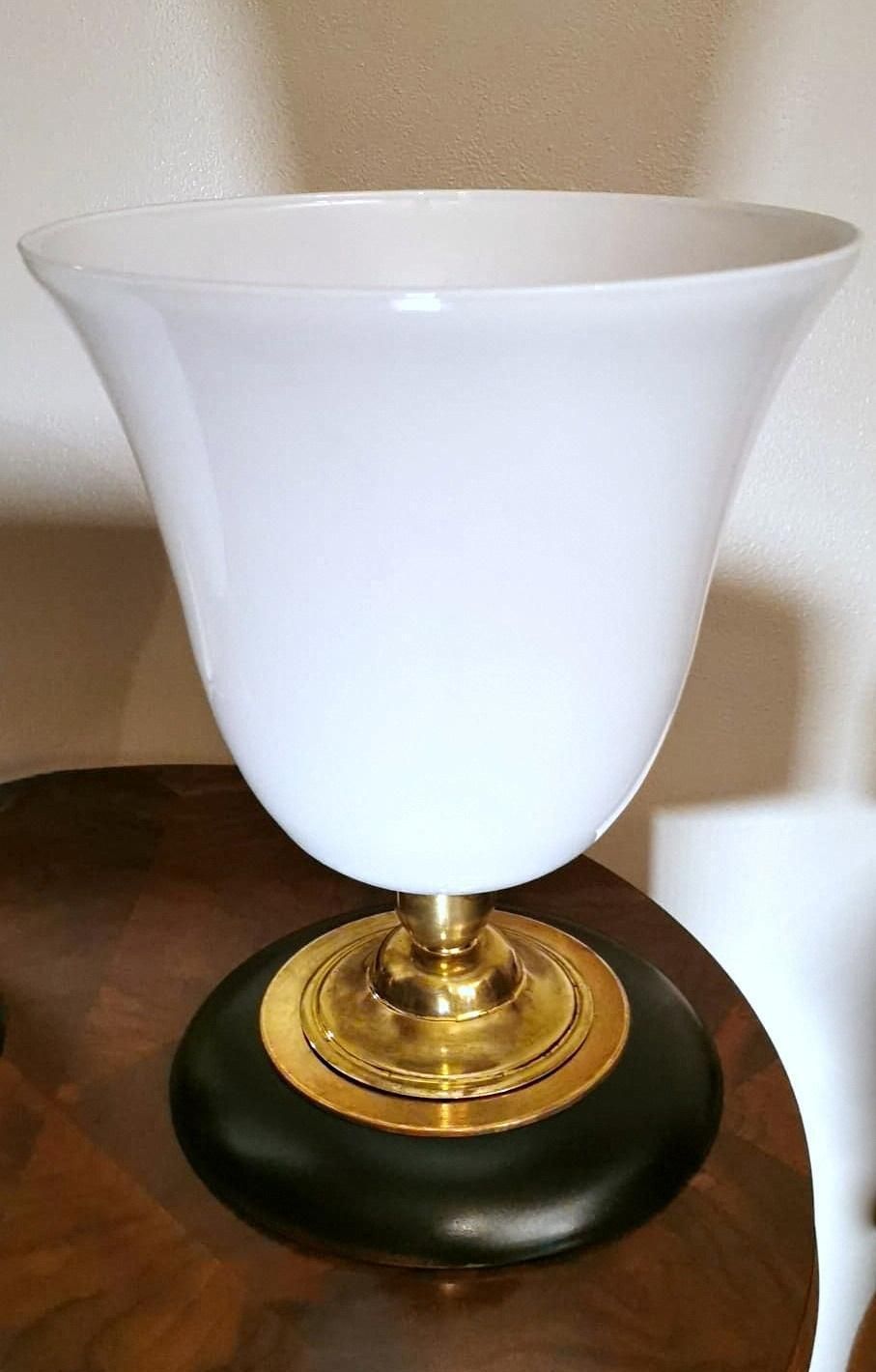 Mazda Style Art Deco Table Lamp Made Of Opaline Glass, Brass And Wood photo Lighting