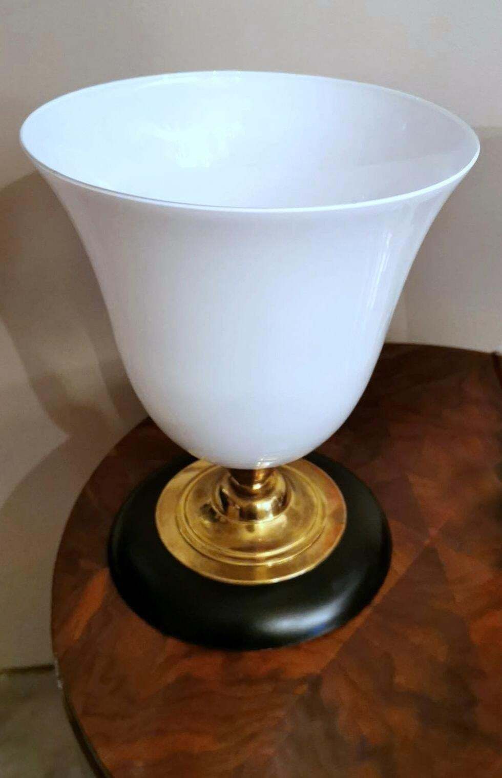 Mazda Style Art Deco Table Lamp Made Of Opaline Glass, Brass And Wood photo vintage