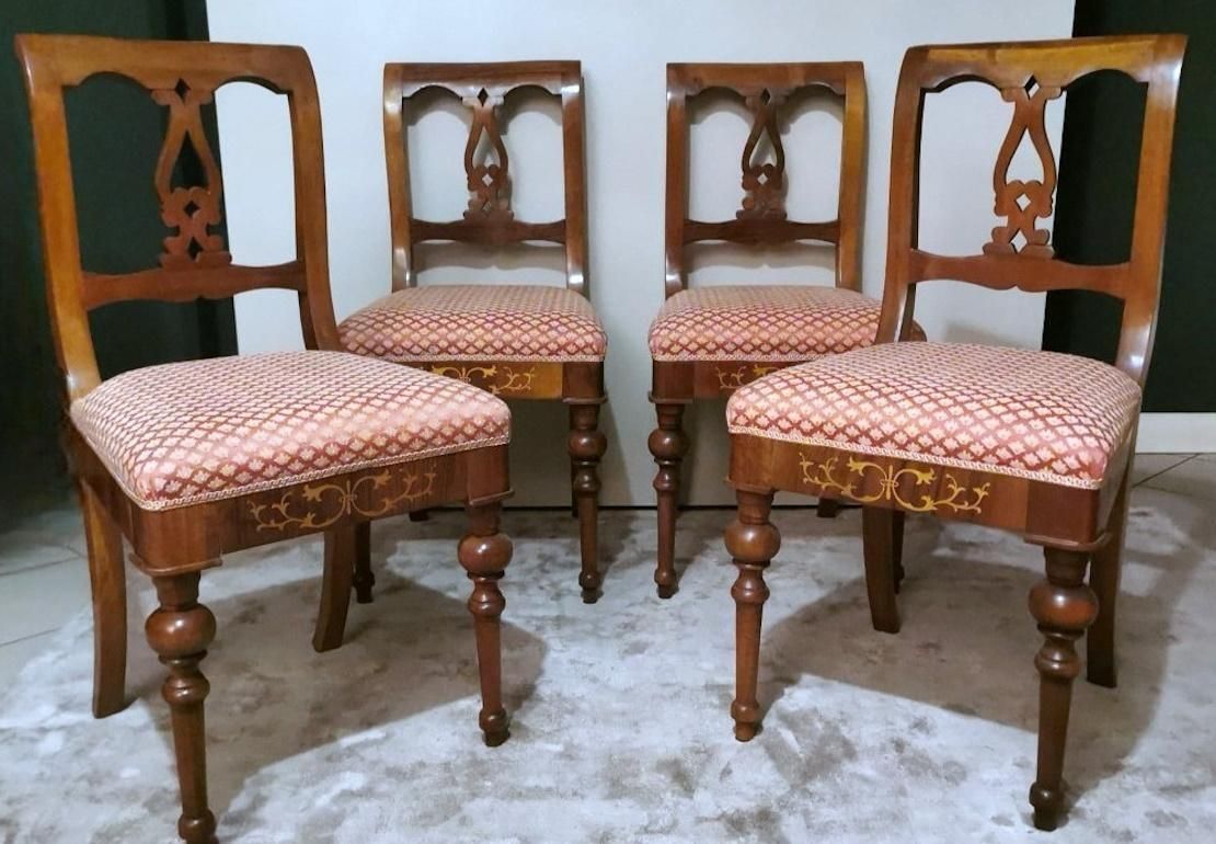 Biedermeier Style Set 4 Danish Chairs In Wood And Fabric photo Furniture