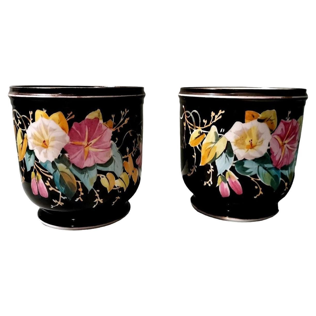 Napoleon III, Pair Of French Cachepots In Hand Painted Porcelain De Paris