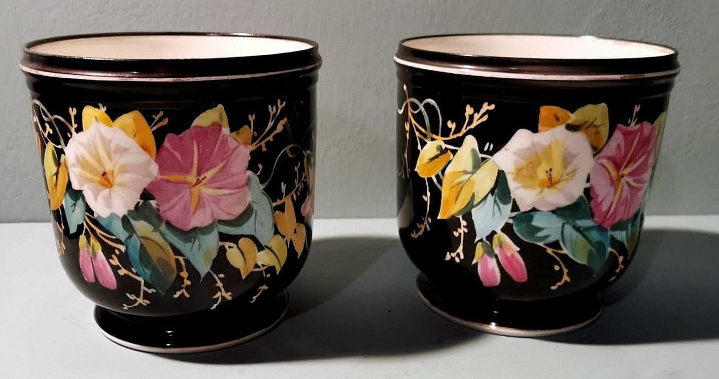 Napoleon III, Pair Of French Cachepots In Hand Painted Porcelain De Paris photo for sale