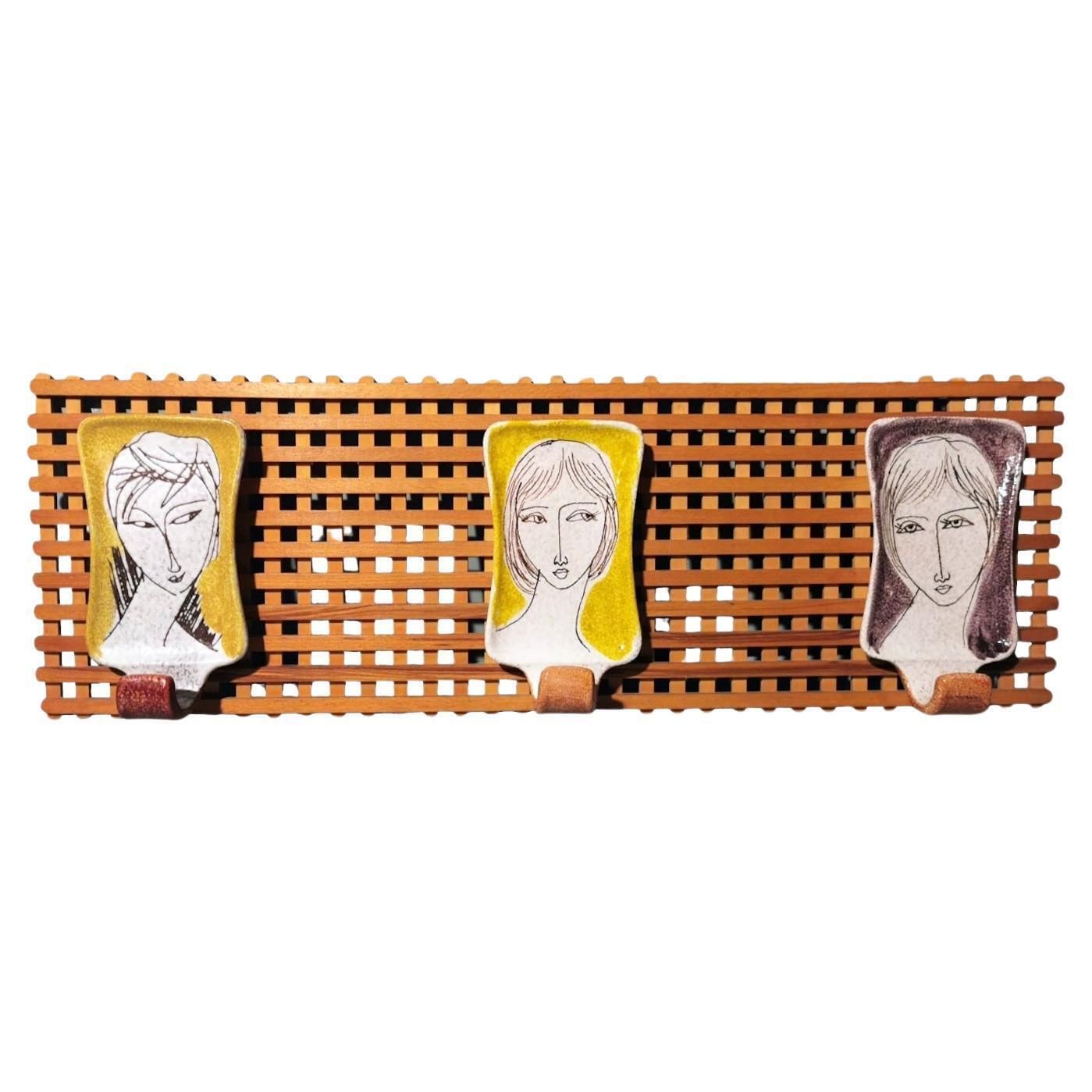 Vintage Italian Wood And Ceramic Coat Rack By Artist Alvaro Cartei