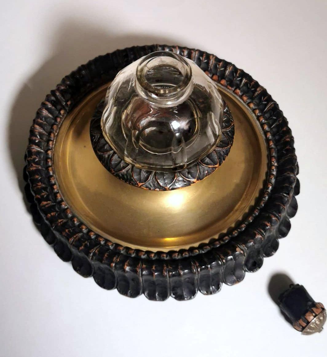 Napoleon III Style French Inkwell Made Of Wood, Brass And Crystal photo 405.0