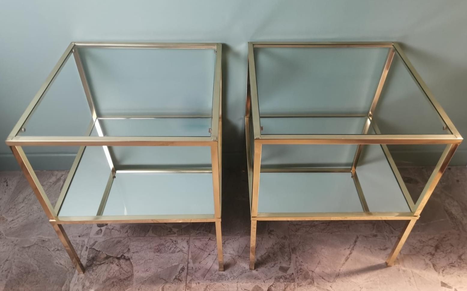 Italian Willy Rizzo Style Pair Of Brass Coffee Tables With Glass And Mirror Tops photo 1520.0