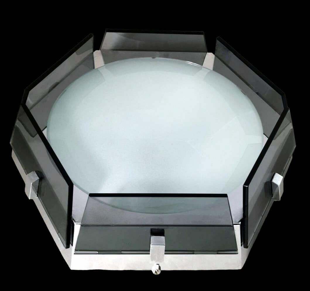 Fontana Arte Style Italian Ceiling Lamp Steel And Glass Gray photo vinterior