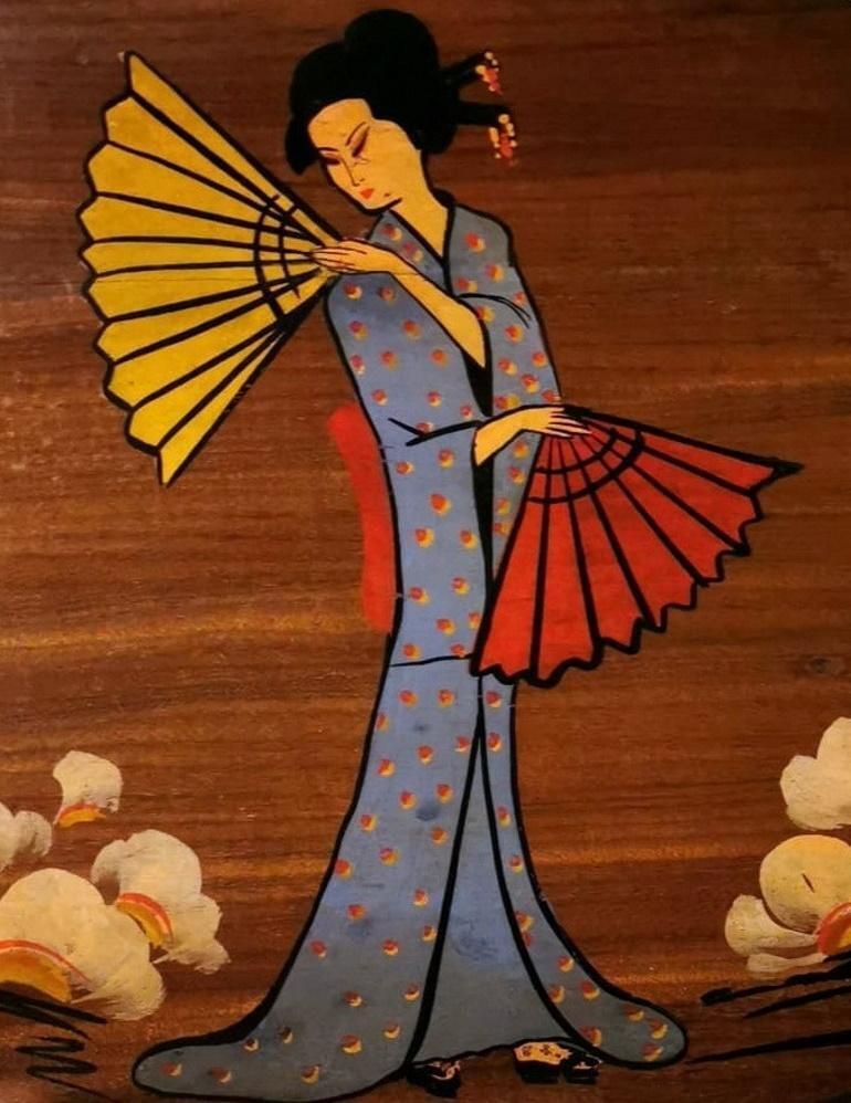 photo for sale Teak Wood Decorative Panels With Japanese Kimono Figures