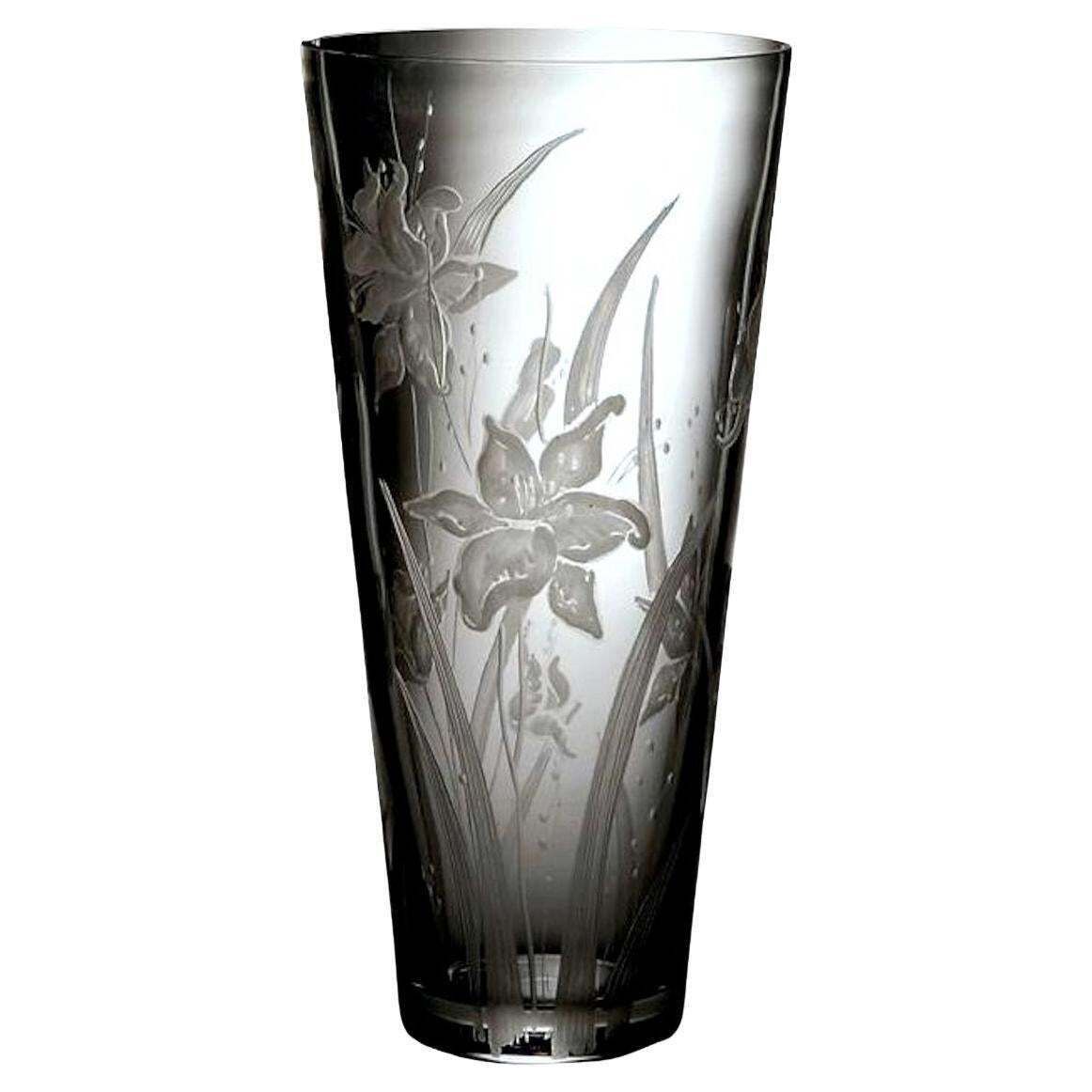 Italian Cut And Ground Crystal Vase With Flower Decoration