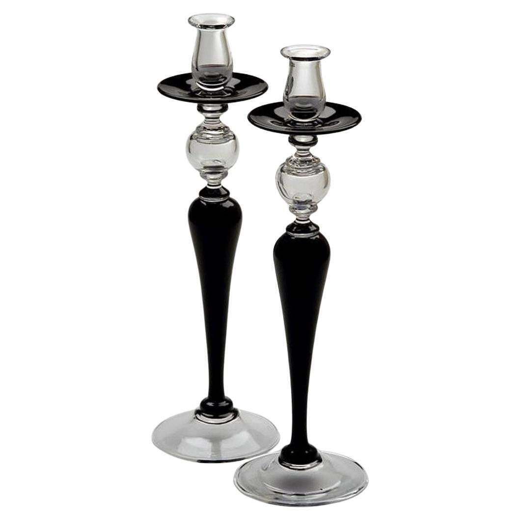 Art Deco Style Pair Of Black Crystal Italian Candlesticks