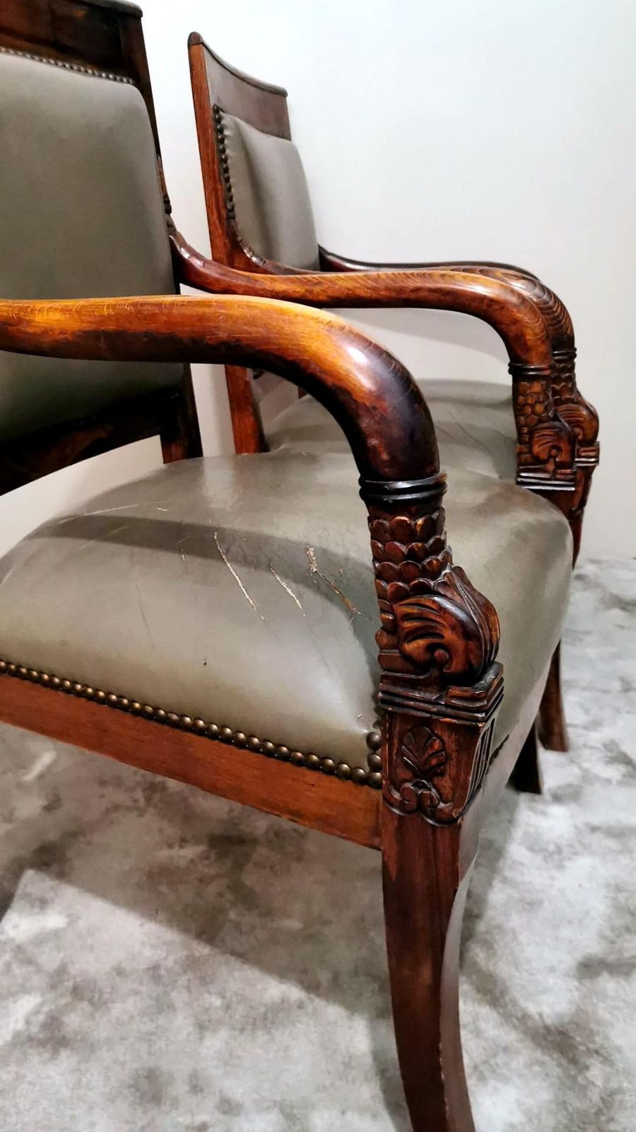photo buy Charles X Style Pair Of French "Antique Master" Chairs In Wood And “Cuoio”