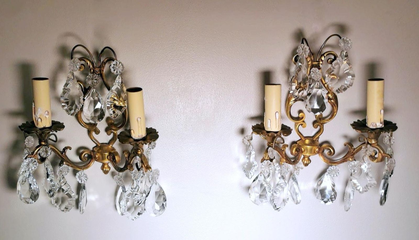 Louis XVI Style Pair Of French Wall Sconces In Brass And Crystals photo for sale