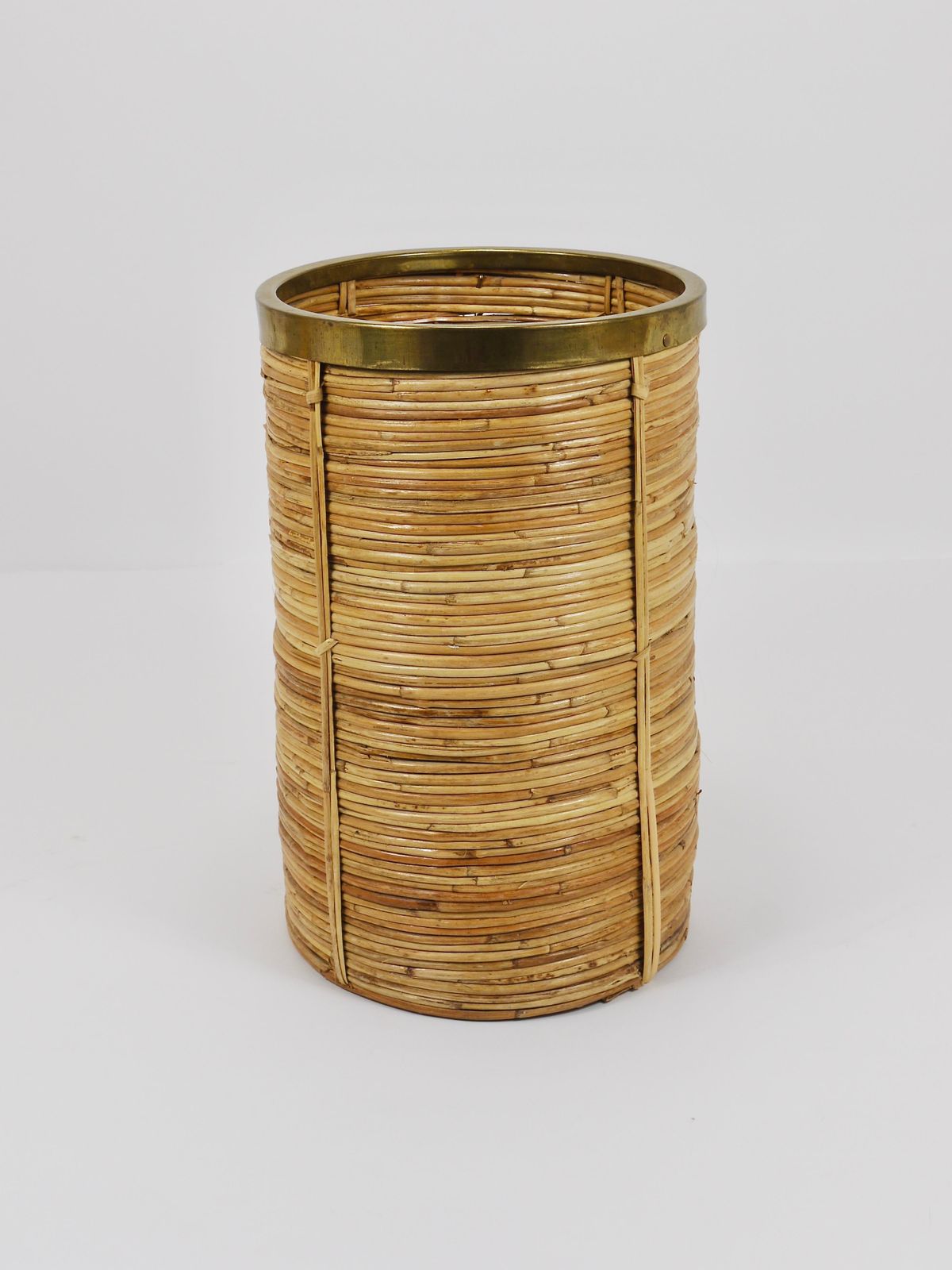 Gabriella Crespi Style Bamboo & Brass Paper Basket Umbrella Stand, Italy, 1970s photo Home Decor