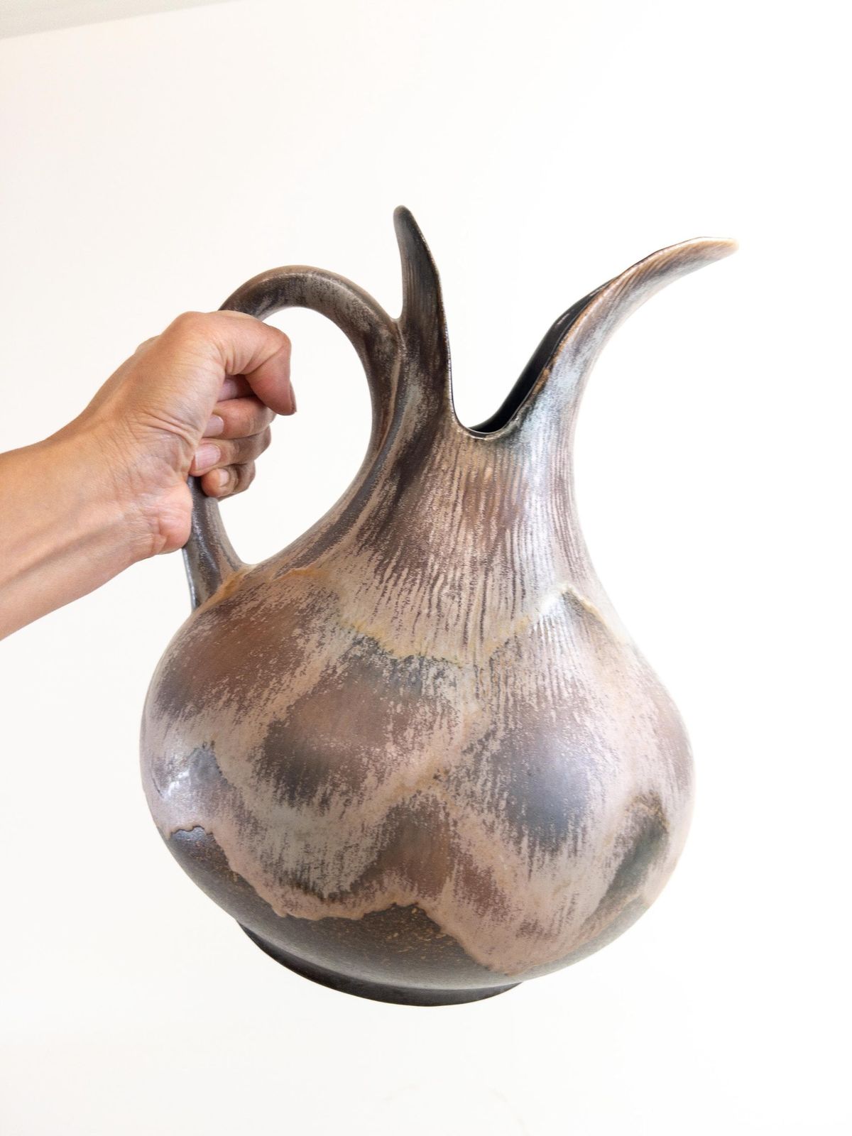 Large Dümler And Breiden Vase With Handle   West German Pottery   Earthy Toned Dramatic Beak Opening Vase   D & B 057 30 photo furniture