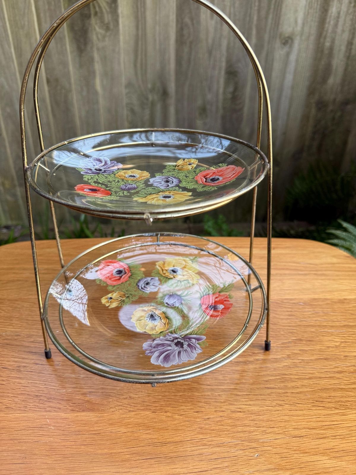 Tiered Vintage Retro Cake Plate Stand   Two Delicate Glass Painted Plates In Retro Metal Stand photo for sale