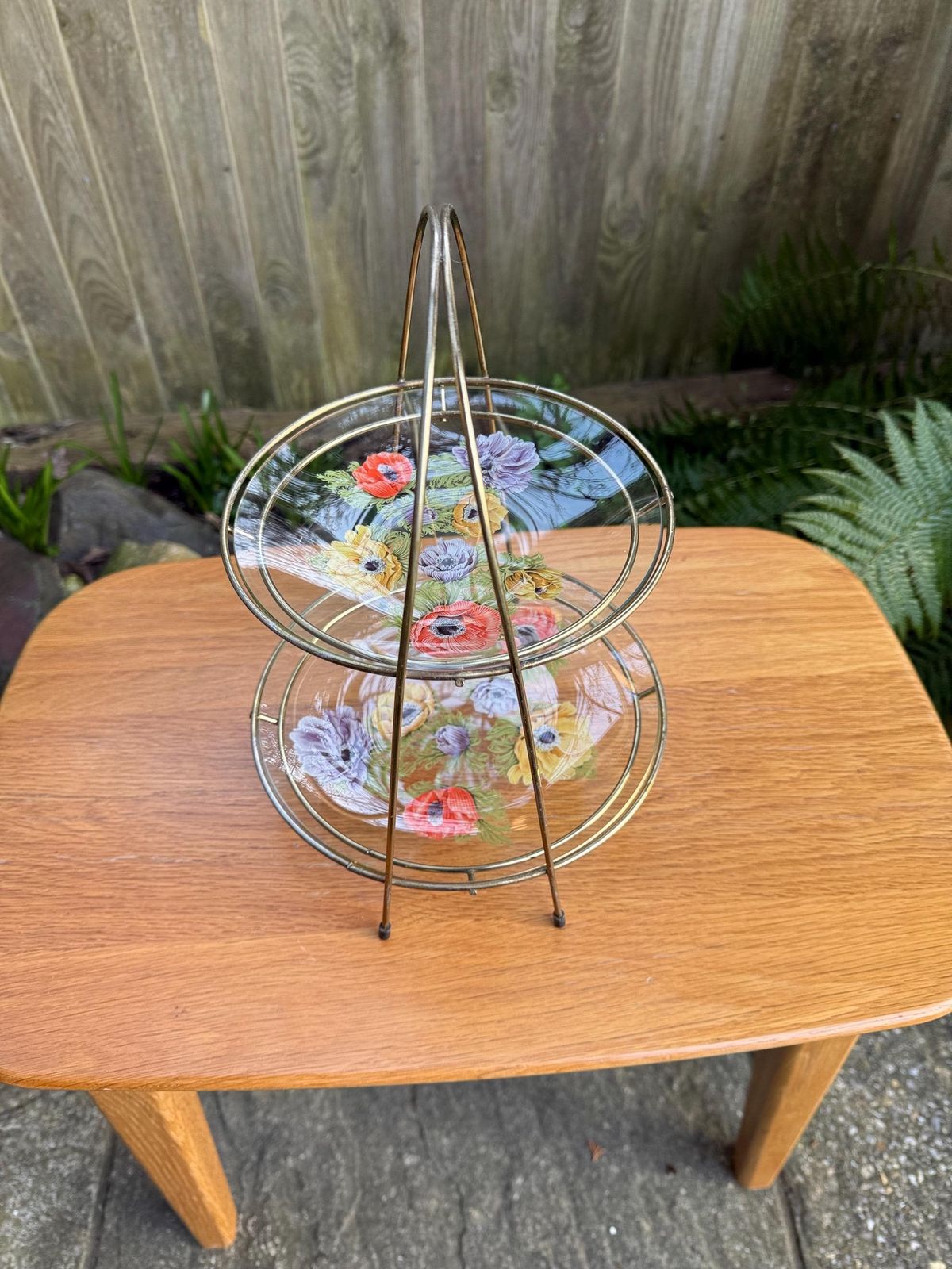 Tiered Vintage Retro Cake Plate Stand   Two Delicate Glass Painted Plates In Retro Metal Stand photo buy