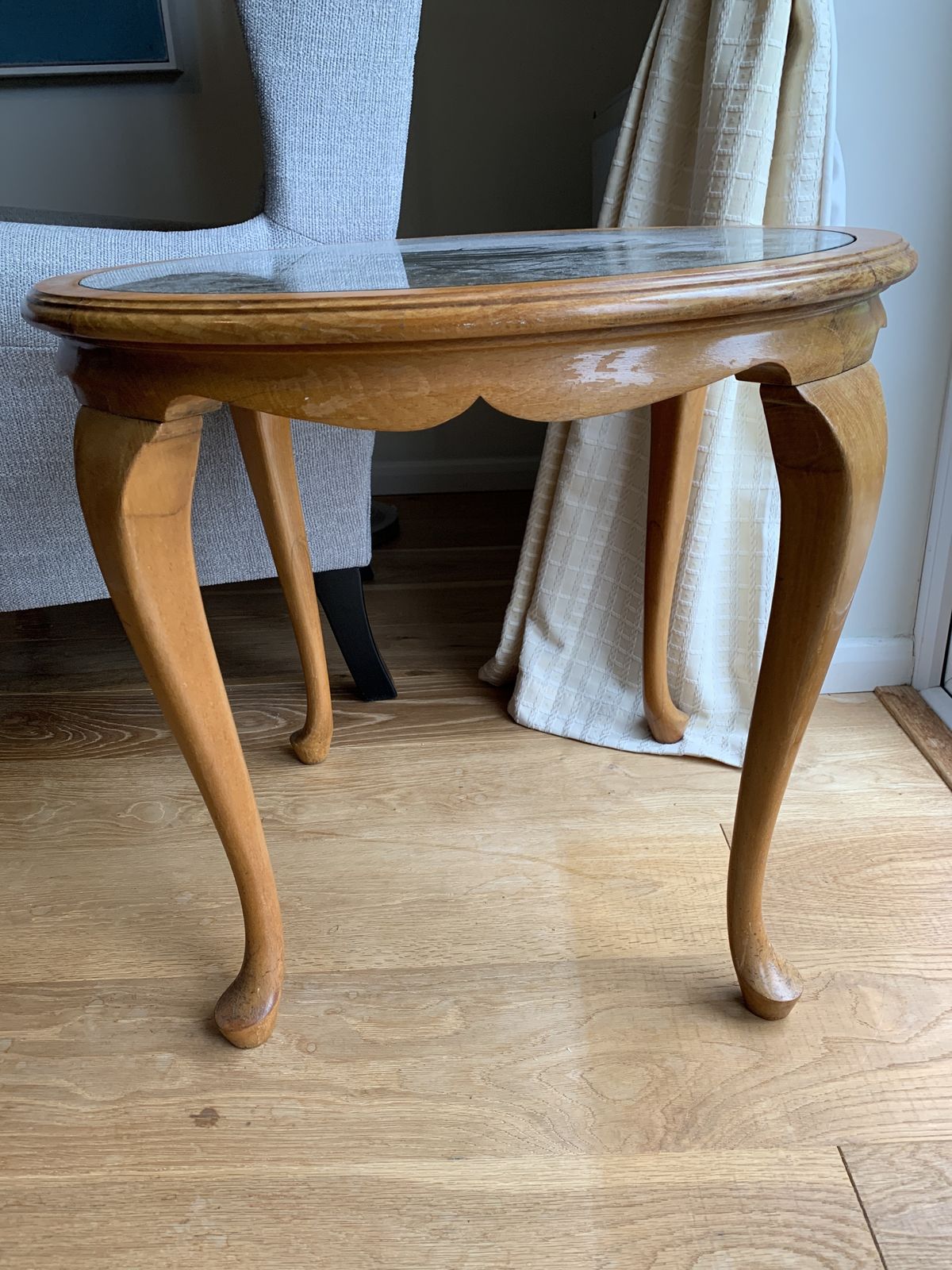 Art Deco French Bergere Caned Round Coffee Table Glass Top Queen Anne Legs photo furniture