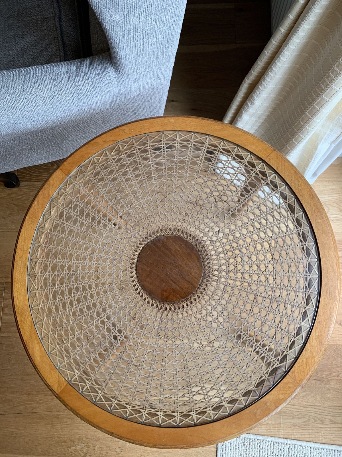 Art Deco French Bergere Caned Round Coffee Table Glass Top Queen Anne Legs photo for sale
