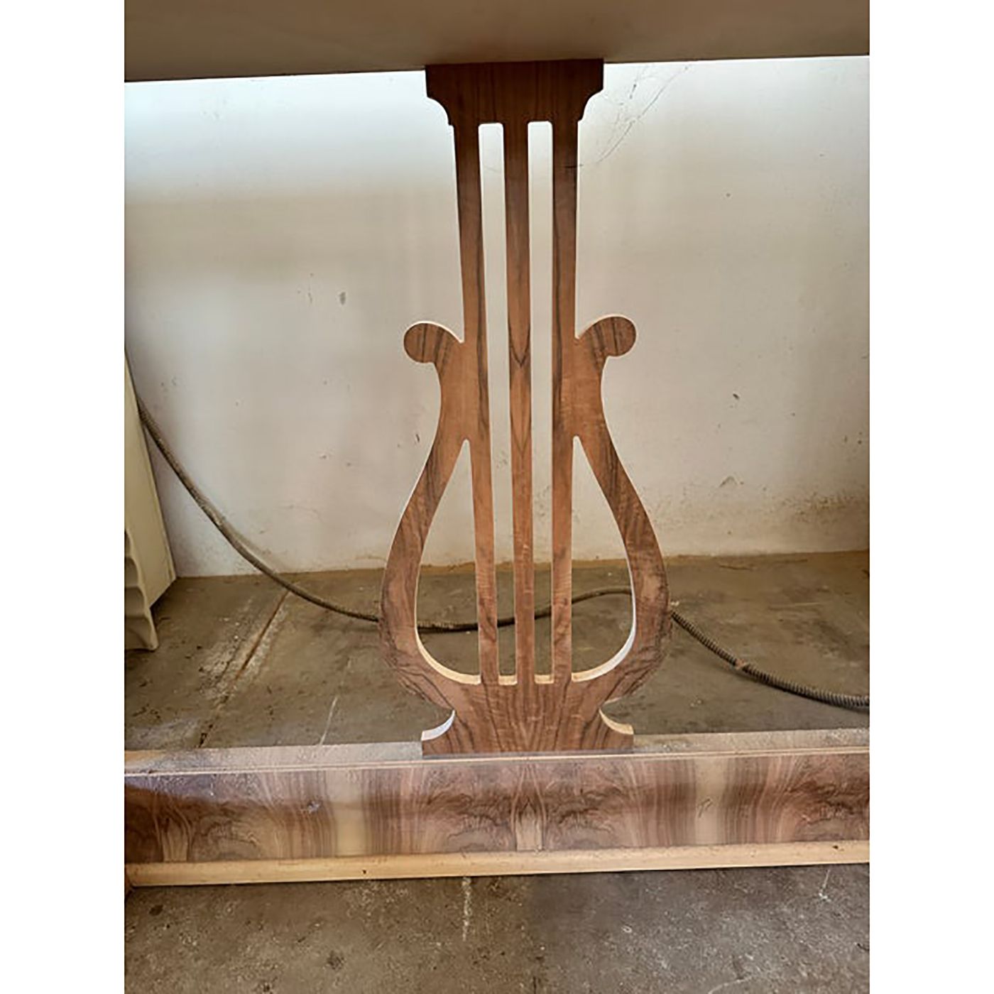 Italian Natural Consolle In Walnut Feather Wood And Maple And Walnut Inlays With Harp photo vintage