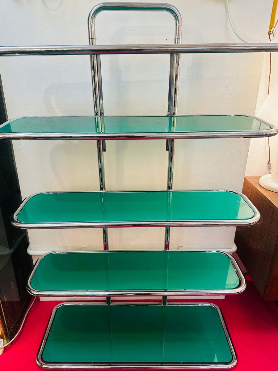 photo vinterior 1970s Swiss Five Shelf Polished Tubular Polished Chrome & Green Perspex Shelving Unit Usm Haller Style