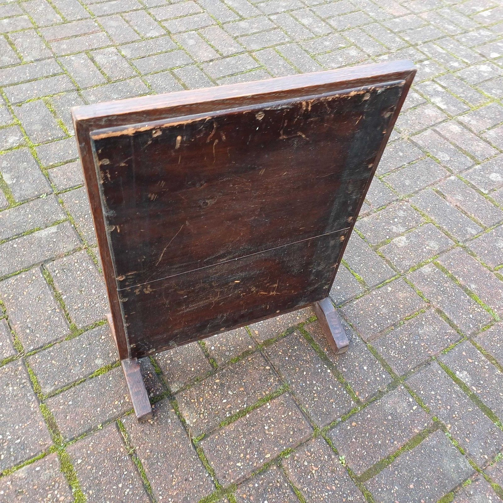 photo for sale Pretty Vintage Solid Oak Fire Screen With Brown Still Life Tapestry