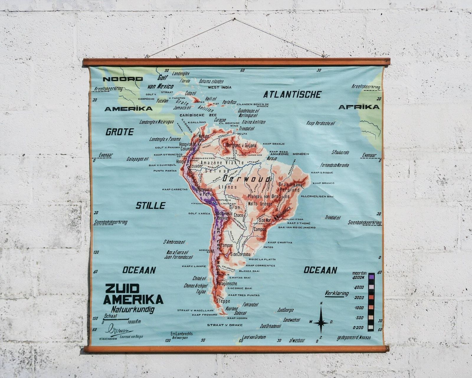 Original Mid Century Huge Large Vintage Flemish Belgian Educational School Wall Chart South America Map Cremer Beautiful