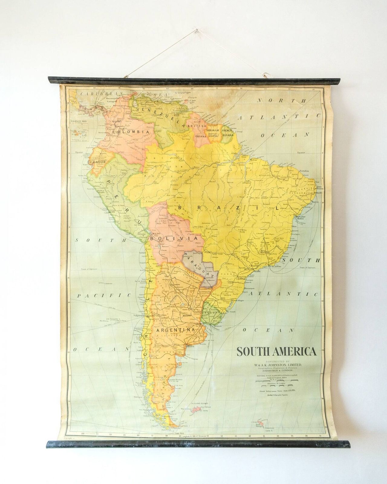 Original Large British Educational School Wall Chart South America Continent Map W & A.K. Johnston Beautiful Rare