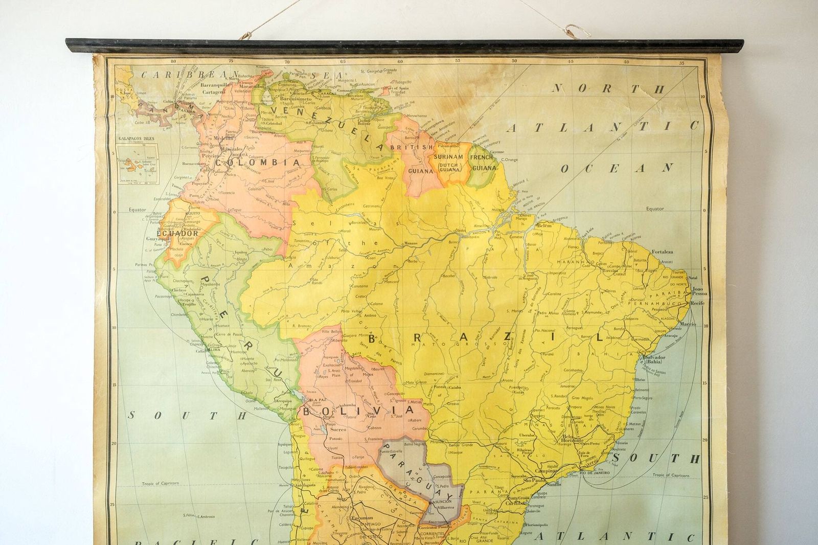 Original Large British Educational School Wall Chart South America Continent Map W & A.K. Johnston Beautiful Rare photo furniture