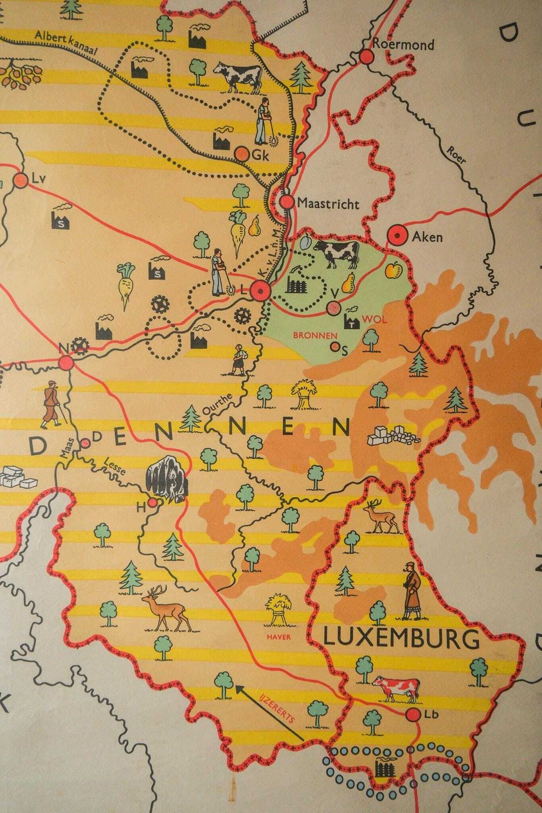 Original Vintage Mid Century Dutch Educational School Wall Chart Belgium Luxembourg Map Geography By Bakker & Rusch photo for sale
