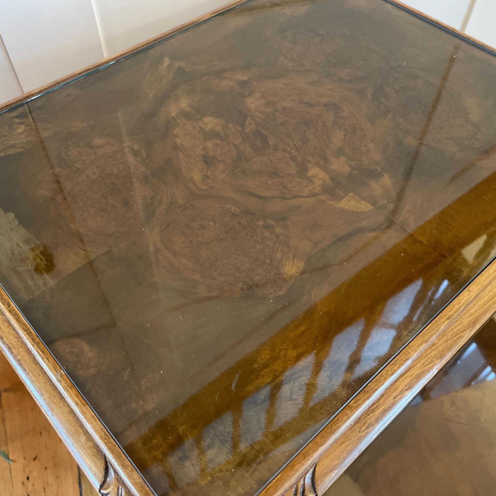 photo for sale 2 Vintage Antique Wooden Rectangle Nest Coffee Table Tables Handmade Wood Brown Rustic Farmhouse Cottage 2 Tiers Glass Top Carved