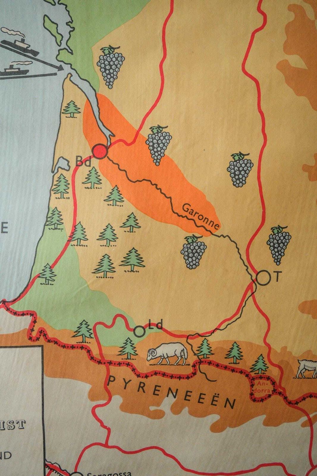 Original Vintage Mid Century Dutch Educational School Wall Chart France Map Geography photo vinterior