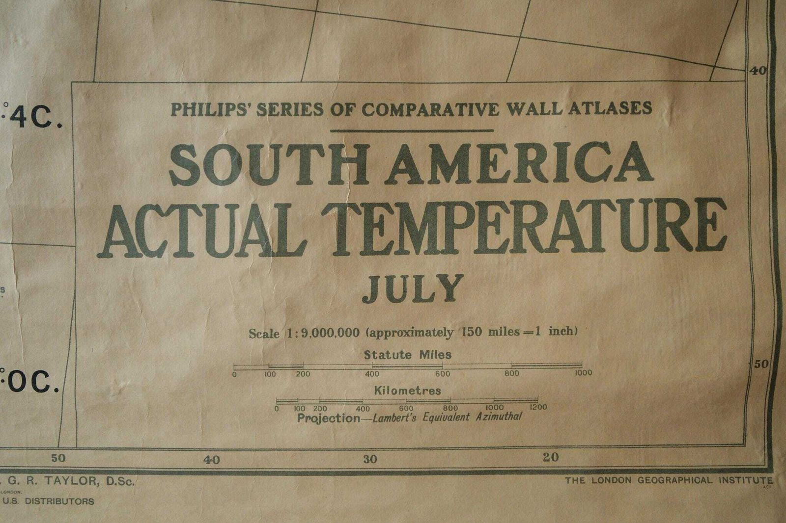 Original 1950s Vintage British Educational School Wall Chart Map South America July Temperatures Beautiful George Philip & Son photo vinterior