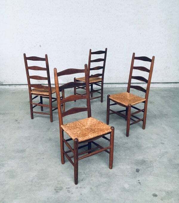 Rustic Handcrafted Oak & Rush High Back Dining Chairs, 1940's Belgium photo for sale