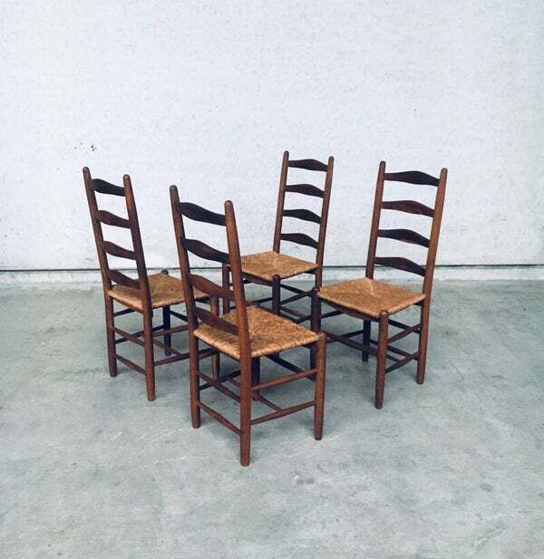Rustic Handcrafted Oak & Rush High Back Dining Chairs, 1940's Belgium photo vinterior
