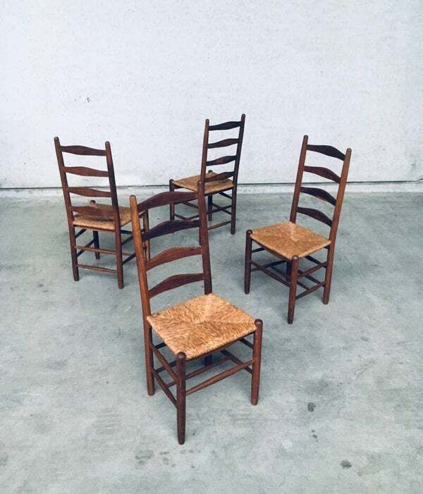 photo furniture Rustic Handcrafted Oak & Rush High Back Dining Chairs, 1940's Belgium