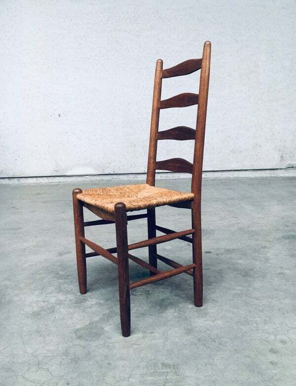 photo vintage Rustic Handcrafted Oak & Rush High Back Dining Chairs, 1940's Belgium