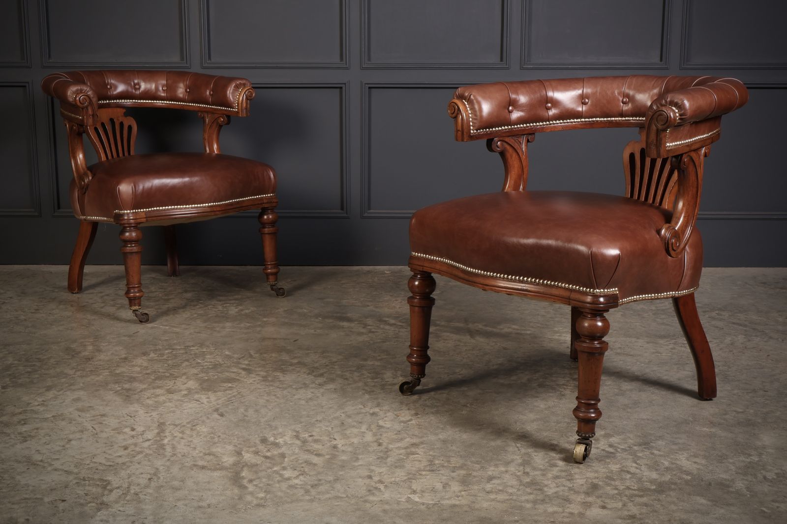Pair Of Victorian Mahogany & Leather Captains Desk Chairs