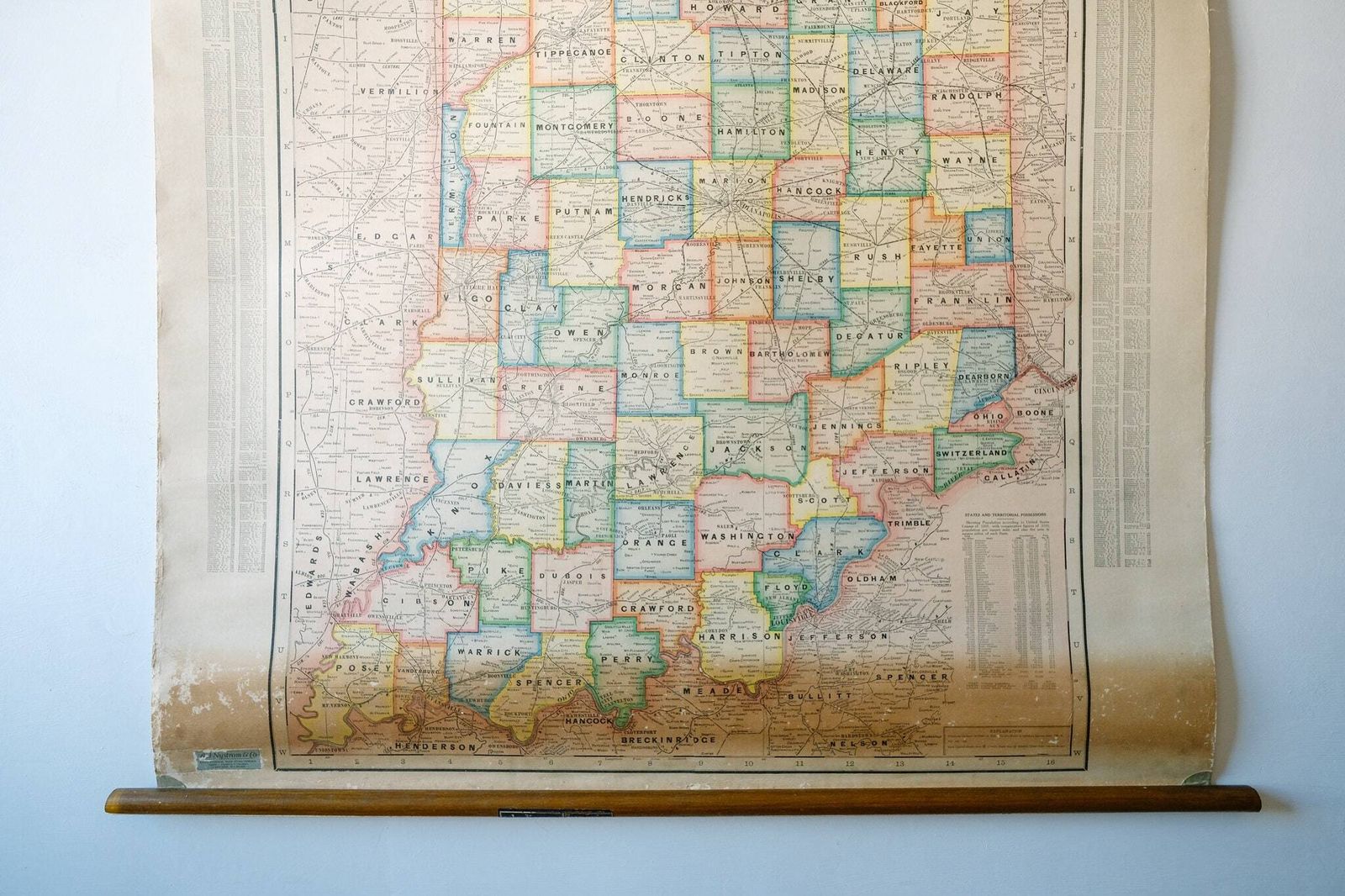 Original Large British Educational School Wall Chart Indiana State Map W & A.K. Johnston Nystrom Beautiful Rare photo for sale