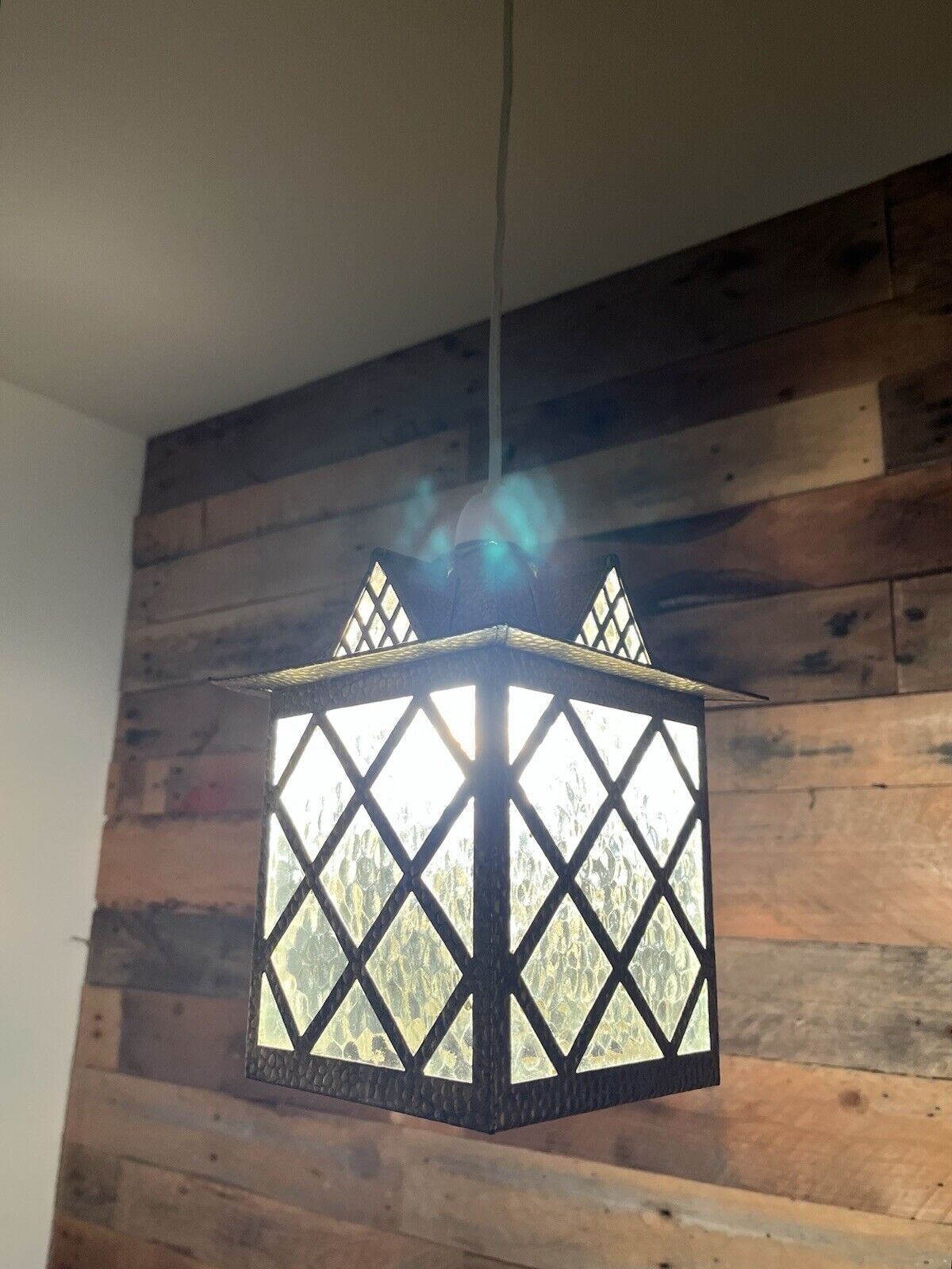 1 Antique Arts & Crafts Textured Brass & Glass Pendant Lantern Porch Lamp Light photo for sale