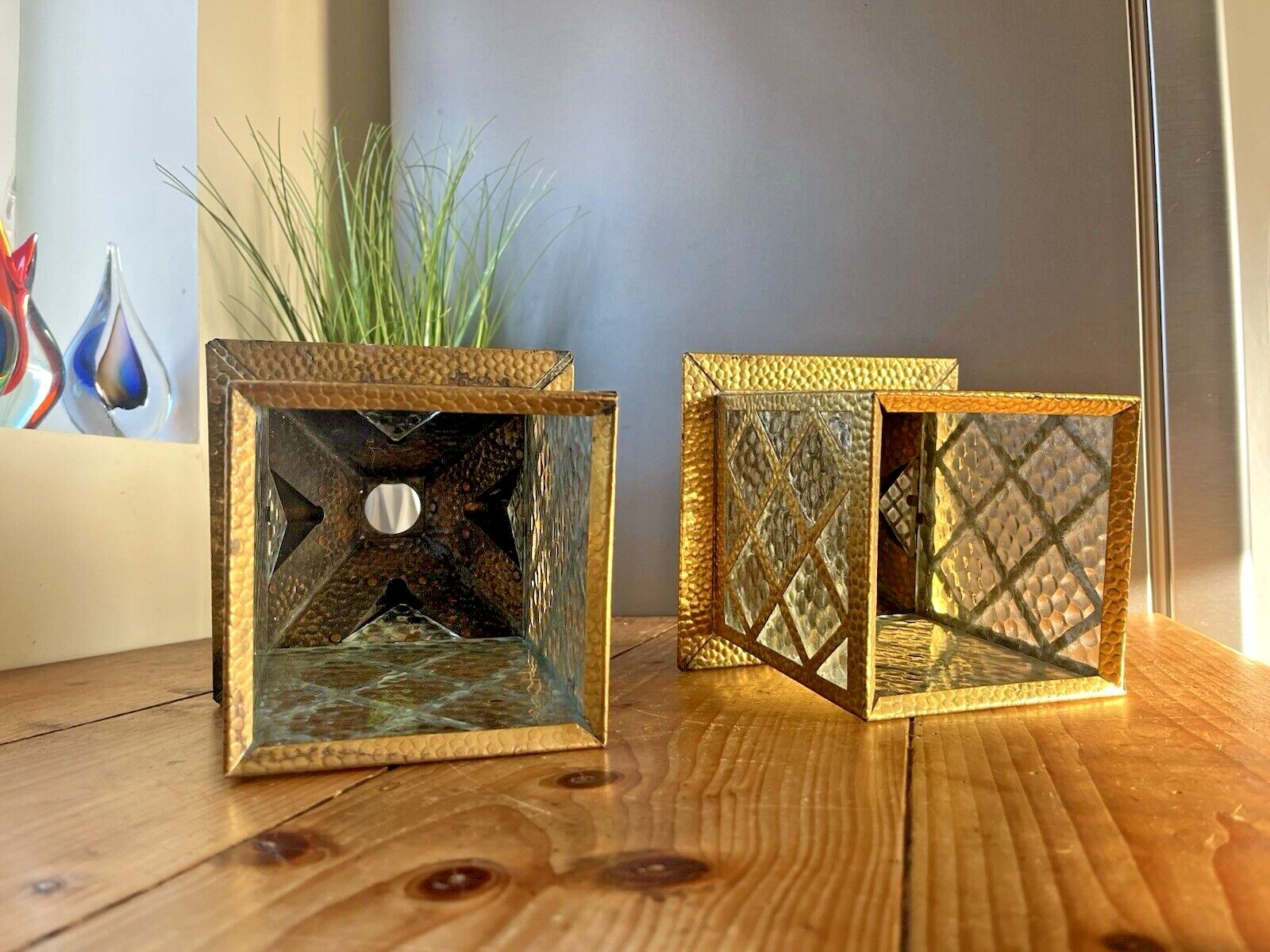 175.0 1 Antique Arts & Crafts Textured Brass & Glass Pendant Lantern Porch Lamp Light photo