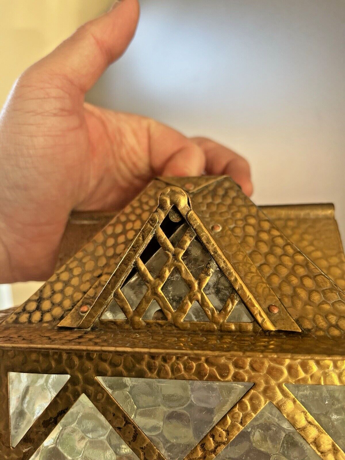 photo vinterior 1 Antique Arts & Crafts Textured Brass & Glass Pendant Lantern Porch Lamp Light