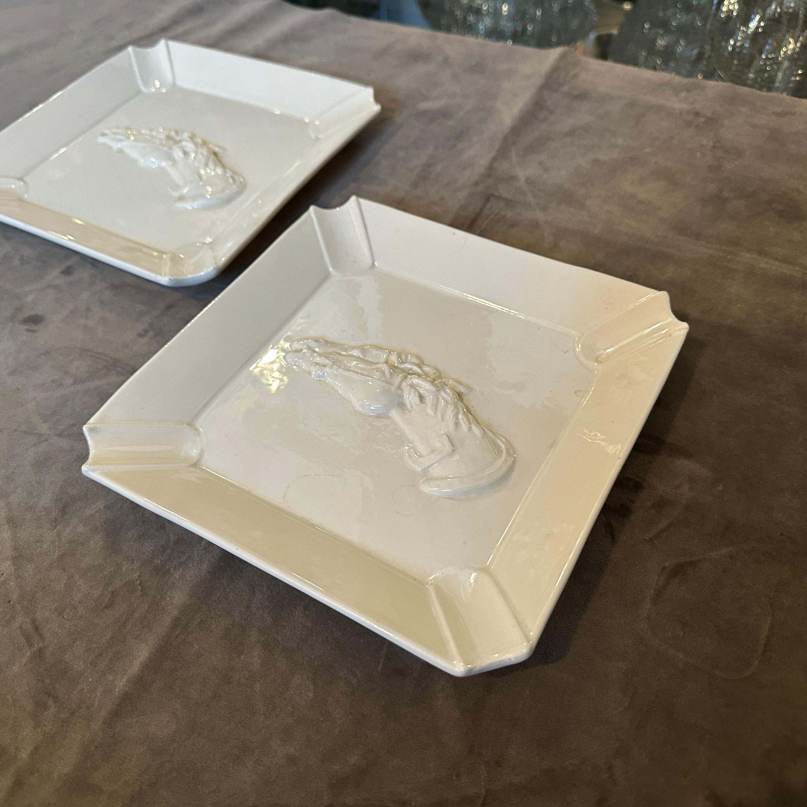 Set Of Two 1980s White Porcelain Horse Ashtrays By Gucci Firenze photo for sale