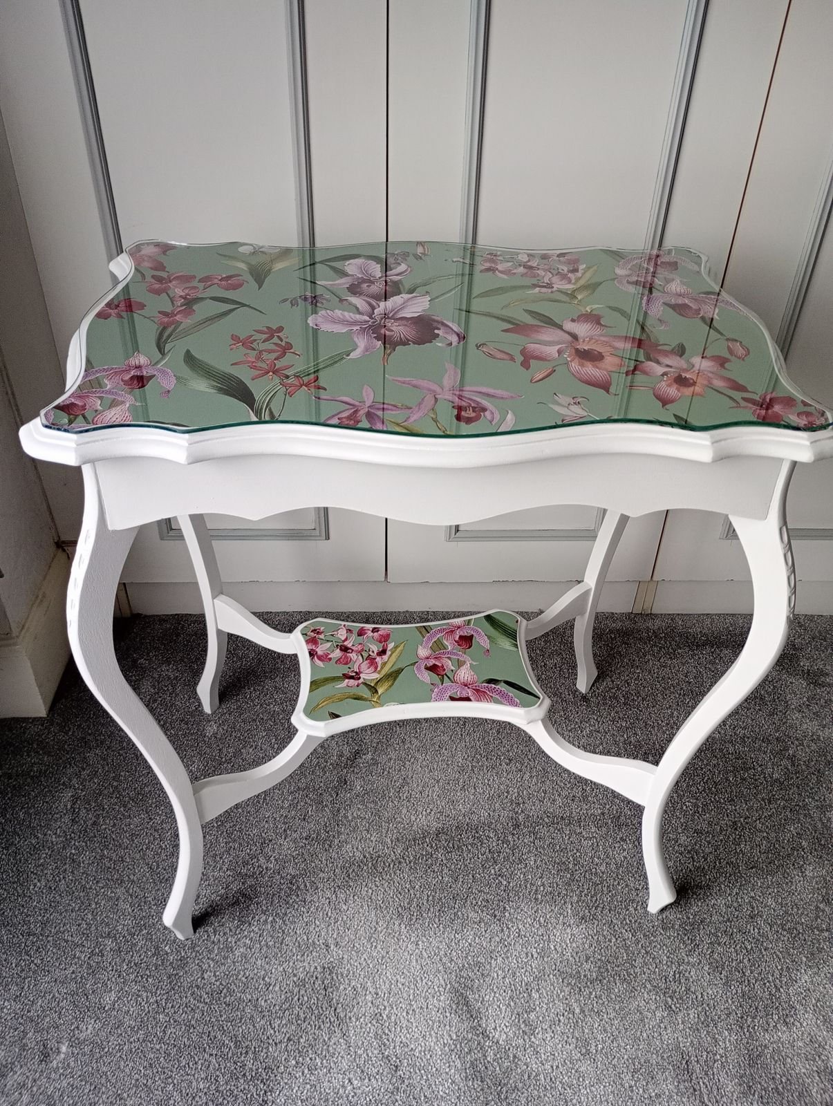 Side Table In Satin White With Jade Green And Water Colour Orchid Paper Glazed Top photo furniture
