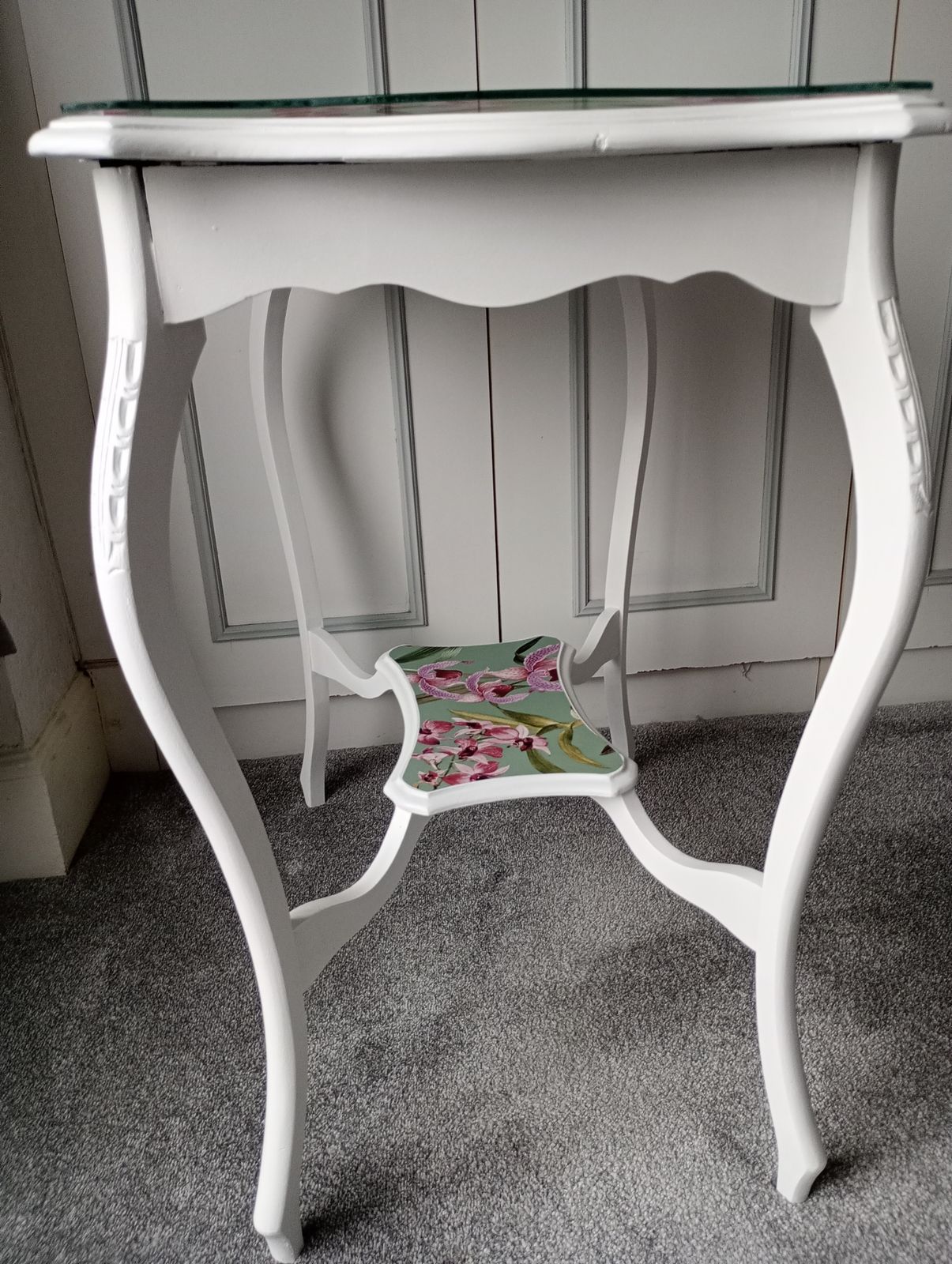 Side Table In Satin White With Jade Green And Water Colour Orchid Paper Glazed Top photo vinterior
